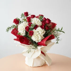 Romatic red rose engaged with luxurious hydrangeas
