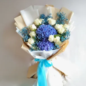 Blue Hydrangea & White Roses Bouquet